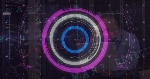 Image of processing circle over screen with diverse data Foto stock