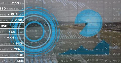 Image of processing circle, road, graphs and financial data on digital screen Stock Photos