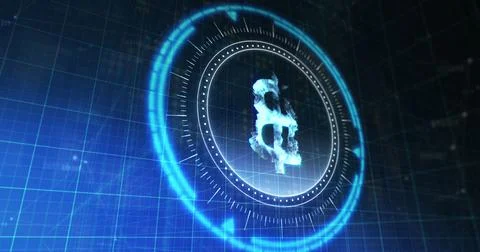 Image of processing circle with rotating bitcoin over blue and black digital Ilustração Stock