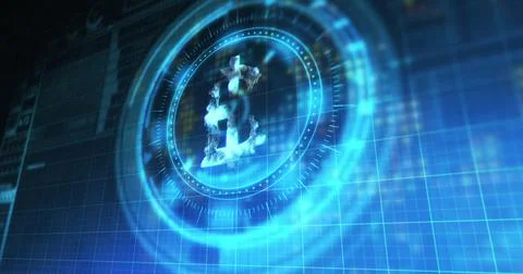 Image of processing circle with rotating bitcoin over blue and black digital Ilustração Stock