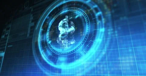 Image of processing circle with rotating bitcoin over blue and black digital Ilustração Stock