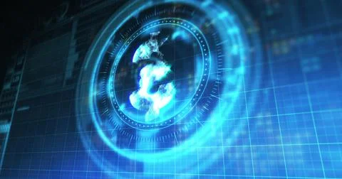 Image of processing circle with rotating dollar over blue and black digital Ilustração Stock