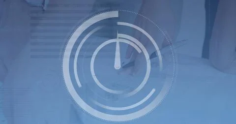 Image of processing circles and binary code over hands of biracial man using Stock Photos