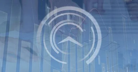 Image of processing circles and binary code over hands of biracial man using Stock Photos