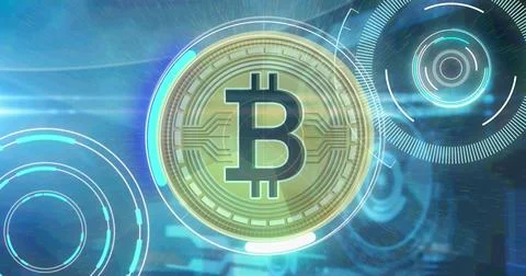 Image of processing circles and bitcoin on navy background Stock Illustration