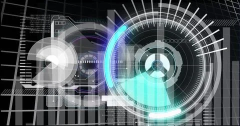 Image of processing circles and data on black background Illustrazione stock