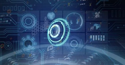 Image of processing circles and data on digital screens on navy background Illustrazione stock