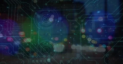 Image of processing circles and digital padlock over blurred night traffic Ilustração Stock