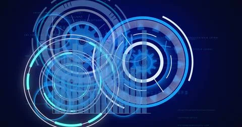 Image of processing circles and graph on navy background Stock Illustration