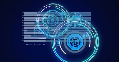 Image of processing circles and graph on navy background Illustrazione stock