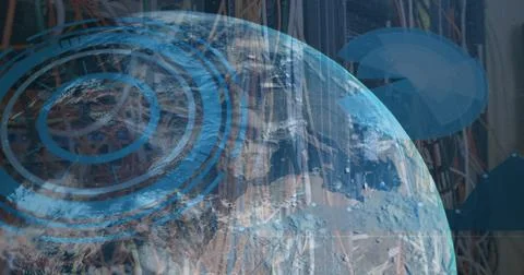 Image of processing circles, data and globe over server wires Stock Photos