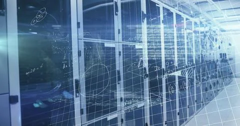 Image of processing data and maths calculations over computer server room 写真素材