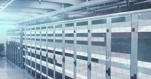 Image of processing data and maths calculations over computer server room Foto stock