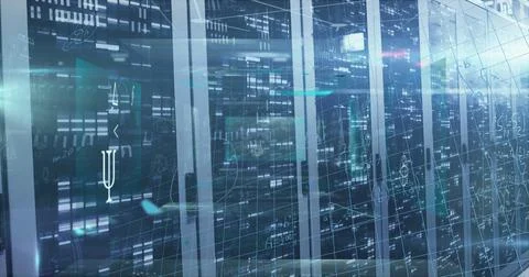 Image of processing data and maths calculations over flashing computer servers Stock Photos