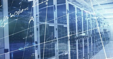 Image of processing data and maths calculations over computer server room Stock Photos