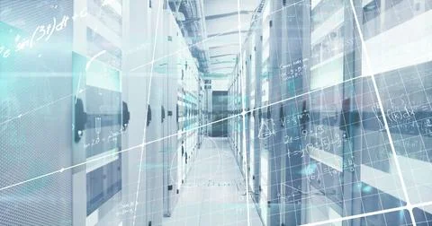Image of processing data and maths calculations over computer server room Stock Photos