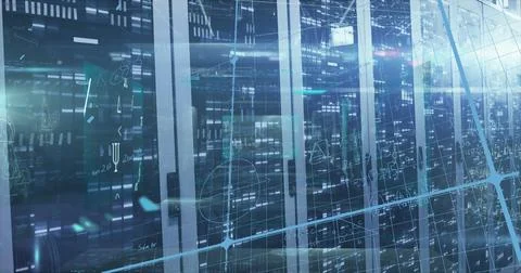 Image of processing data and maths calculations over flashing computer server 스톡 사진