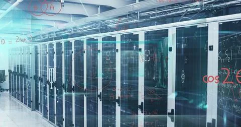 Image of processing data and maths calculations over computer server room Foto stock