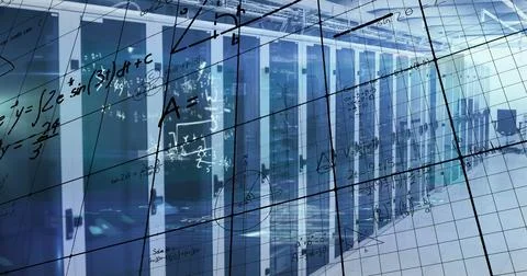 Image of processing data and maths calculations over computer server room Stock Photos