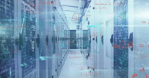 Image of processing data and maths calculations over computer server room Stock Photos