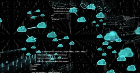 Image of processing data, charts and cloud icons transferring data on black Illustrazione stock