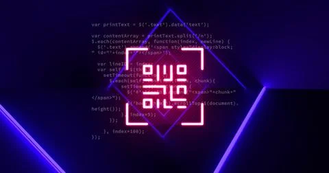 Image of processing data over pink neon qr code and blue light beams on black Stock Illustration