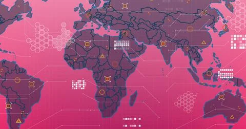 Image of processing data over pink and brown world map Foto stock