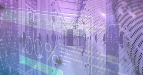 Image of processing data text and 100 percent text with abstract pattern ov.. Foto stock