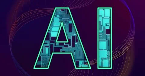 Image of processing motherboard in ai text and 3d network on dark background 스톡 일러스트
