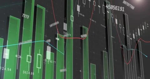 Image of processing numeric data over graphs on interface screen 스톡 사진
