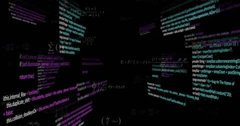 Image of processing text data and mathematical equations on black background Stock Illustration