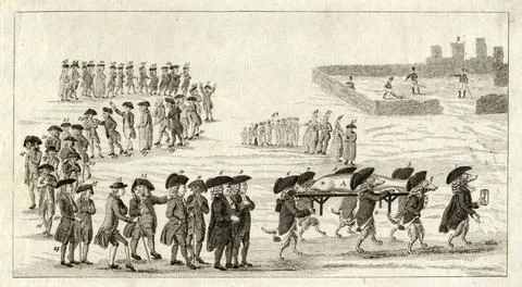 Image of a procession numbered people on their way to a cemetery. Cartoon ... Stock Photos