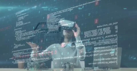 Image of processor spinning and data processing over woman wearing vr headset Foto stock