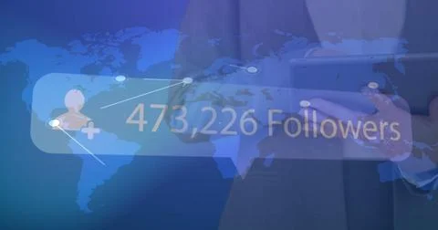 Image of profile icon with increasing followers over world map against woman Stock Illustration