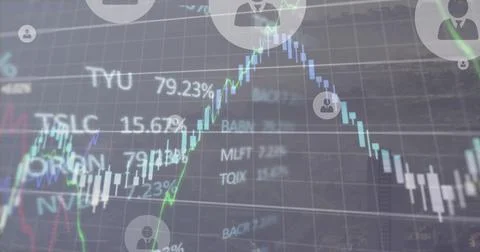 Image of profile icons with graphs and trading board over fog covered modern Stock Photos