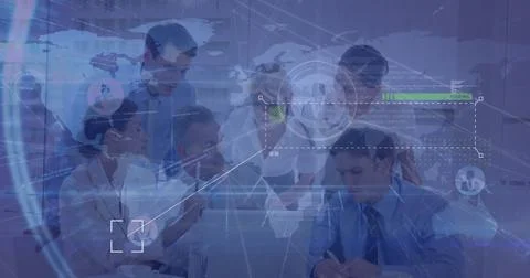 Image of profile icons, map over multiracial coworkers discussing and planning Stock Photos