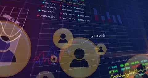 Image of profile icons, multiple graphs, trading boards, computer language .. Stock Photos