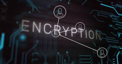 Image of profile icons over encryption text with glitch technique and circuit Stock Photos
