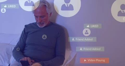 Image of profile, multiple notification icons over senior caucasian man using Stock Photos