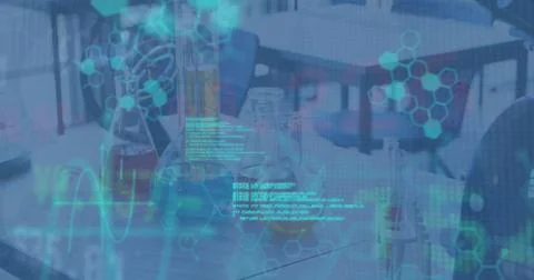 Image of programming data and graphical hexagonal shapes over laboratory イラスト素材