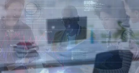 Image of programming data with graphs over multiracial coworkers discussing in Foto stock