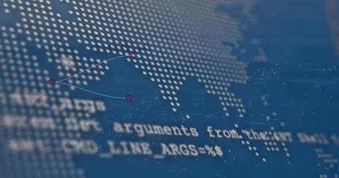 Image of programming language, abstract pattern, map and globe against abstract Foto stock