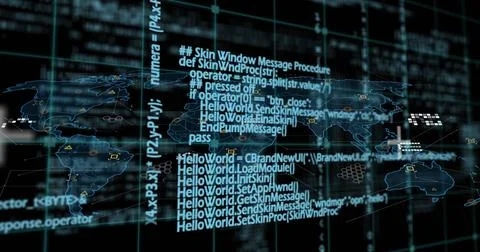 Image of programming language and scientific formulas over map against blac.. 写真素材