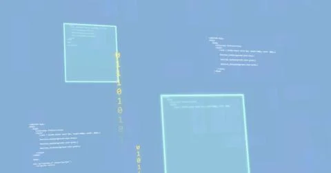 Image of programming language with binary codes and screens on blue background 库存照片