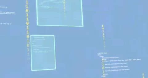 Image of programming language with binary codes and screens on blue background Stock Photos