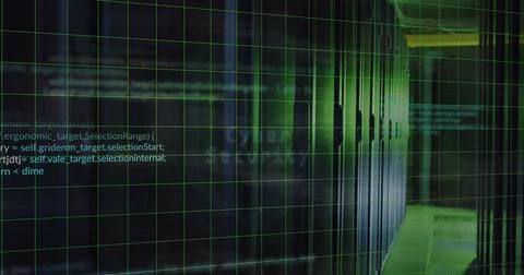 Image of programming language, cyber security, message icons over data server 写真素材