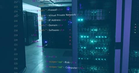 Image of programming language over data server racks Stock Photos