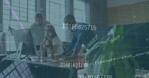 Image of programming language over diverse colleagues discussing over computer Stock Photos