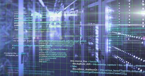 Image of programming languages and grid moving over data server rooms 库存插图