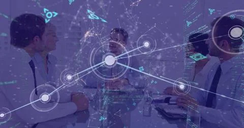 Image of programming text, dots connecting with lines and caucasian team Foto stock